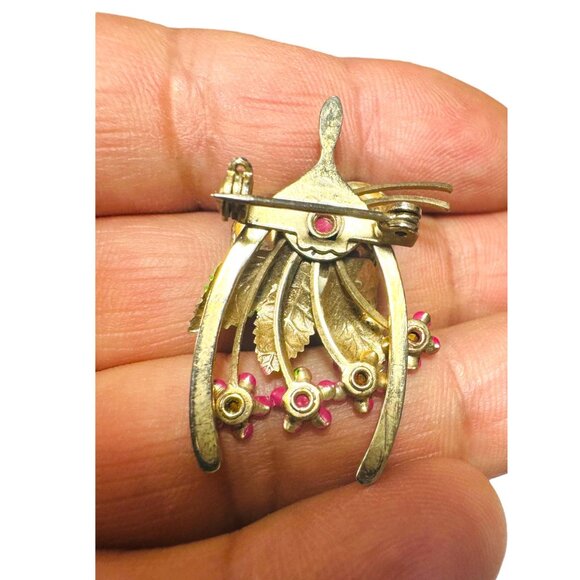 Vintage 3D Pink & Green Enamel Rose Brooch With Aurora Borealis Rhinestones - Picture 3 of 9